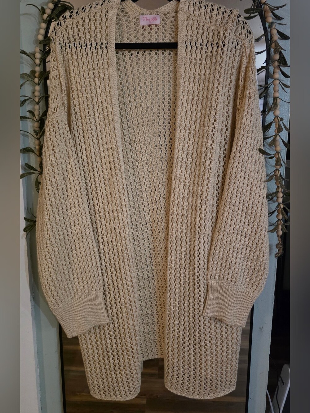 Pink Lily Open-Knit Cream Cardigan Sweater